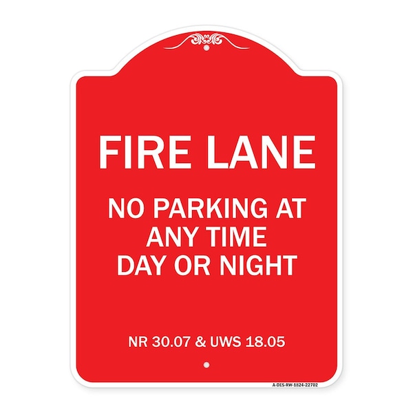 Wisconsin Fire Lane No Parking Anytime Day or Night, Red & White Alum Sign, 18" x 24", RW-1824-22702